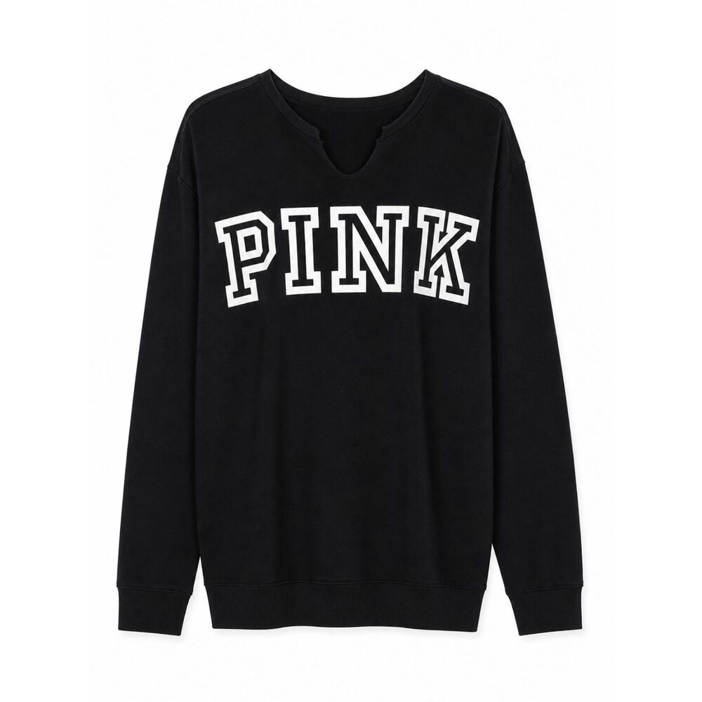 VICTORIA'S SECRET PINK BLACK & WHITE NOTCH NECK ATHLEISURE LOGO SWEATSHIRT